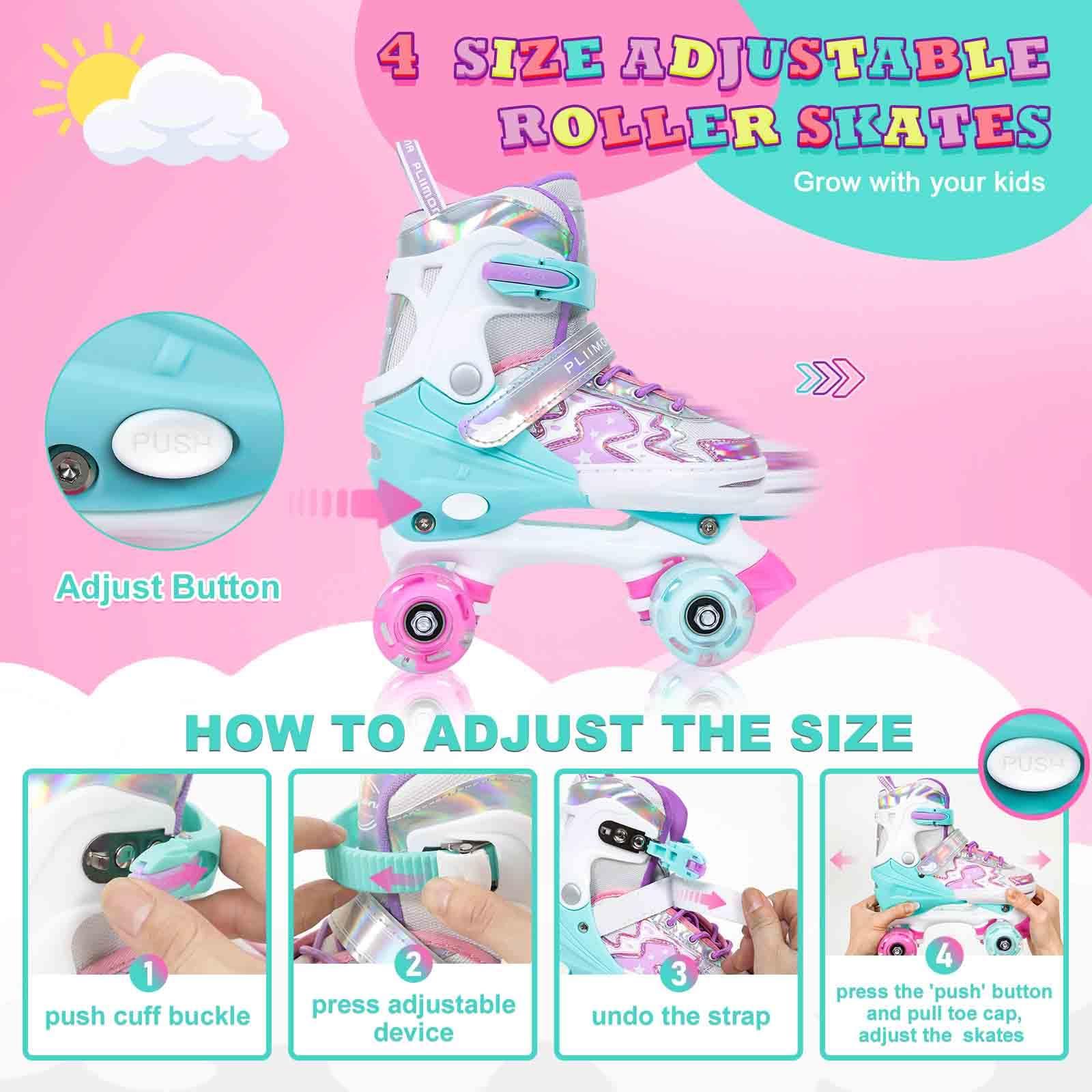 PLIIMONA Kids Roller Skates for Girls Boys Ages 5-8, Toddler Roller Skates for Ages 8-12, 4 Size Adjustable Light Up Wheels Rollerskates for Beginners Outdoor Indoor