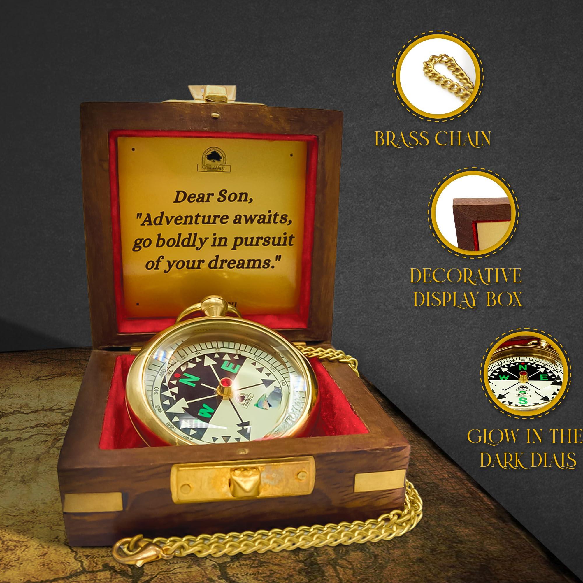 OakiWay The Dream Chaser Compass in Wooden Box - Son Graduation Gift, Birthday, Bday Gifts for Him, Inspirational, Motivational, 2025 College Graduates, Grandson - Greeting Card Included