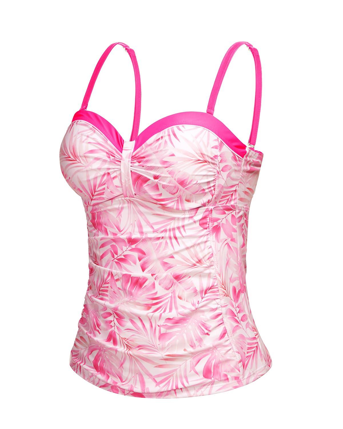 Talisea Talisea Women's Underwire Tankini Top Only Tummy Control Swimsuit Top Push Up Bathing Suit Top No Bottom Pink Leaves S