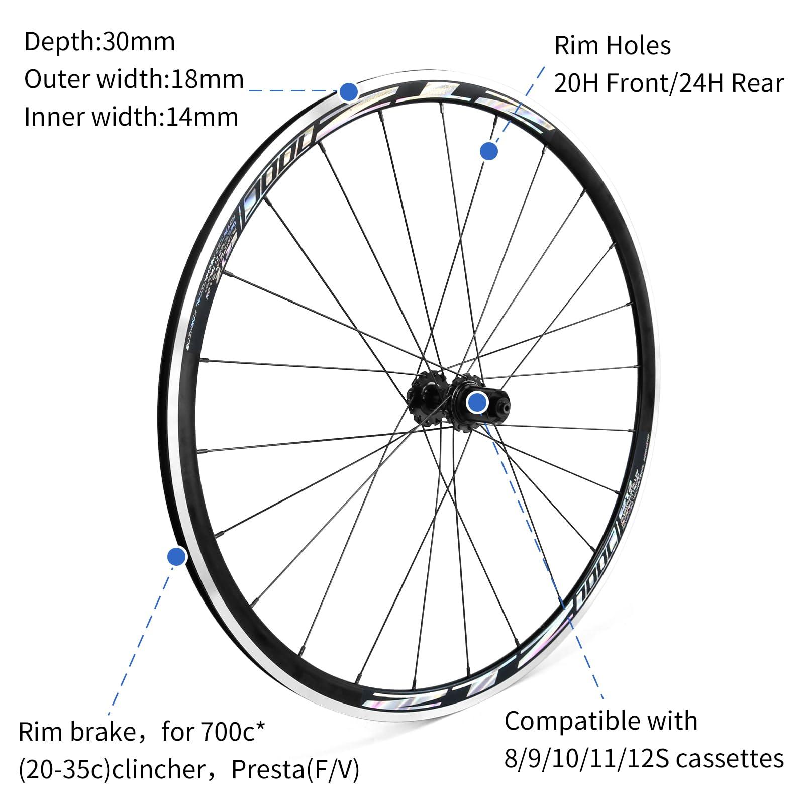 ZTZ ZTZ 700C Road Bike Wheelset, Ultralight Aluminum Alloy 30mm Road Bike Wheel, 20H Front/24H Rear High-Strength Bike Rims, 700c Clincher, Rim Brake, Compatible 8-12 Speed Cassettes (Only Rear Wheel)