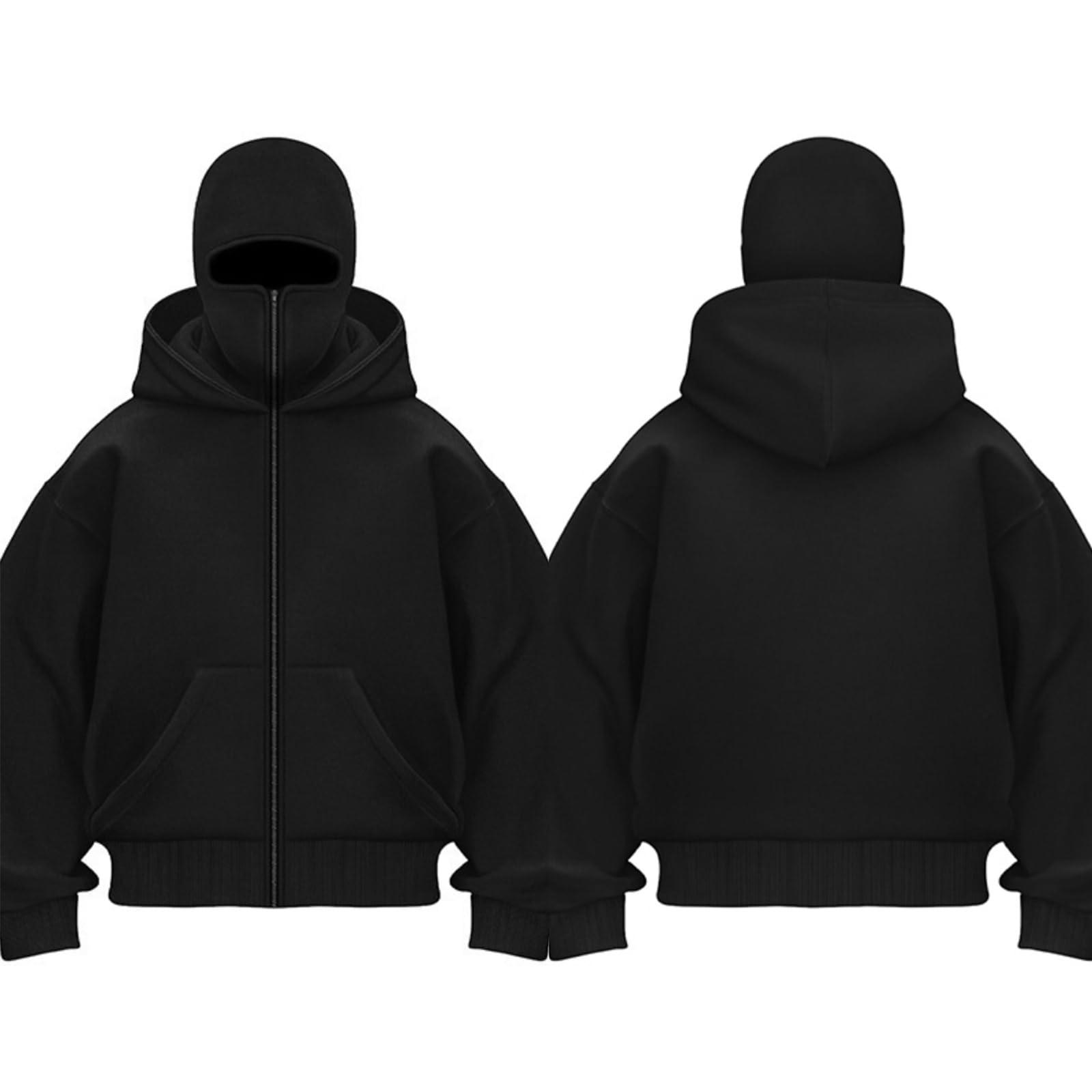 NineFit Basics Balaclava Hoodie with Built In Balaclava, Double Hooded Zip Jacket Wind-resistant Winter Hoodies for Men (Grey,M)