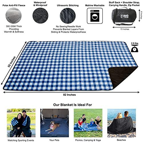 BRAWNTIDE BRAWNTIDE Large Outdoor Waterproof Blanket - Thick Tartan Plaid Fleece, Warm, Windproof, Sandproof, Ideal for Camping, Parks, Grass, Hiking, Travel, Includes Stuff Sack, Shoulder Strap (Plaid Blue)