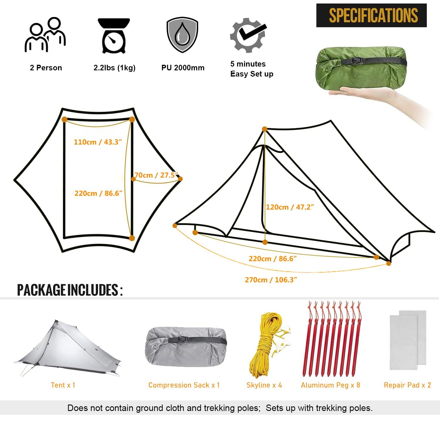 Diandian 3F UL Gear LanShan pro Tent, 1 Person / 2 Person Outdoor Ultralight Camping Tent, 3-Season or 4-Season Professional Backpacking Ten, for Camping, Hiking, Trekking (Gray-2 Person, 4 Season)