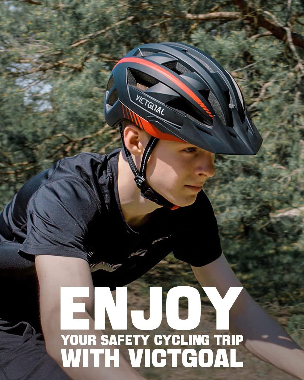VICTGOAL VICTGOAL Bike Helmet with USB Rechargeable Rear Light Detachable Magnetic Goggles Removable Sun Visor Mountain & Road Bicycle Helmets for Men Women Adult Cycling Helmets (L: 57-61 cm, Blue)
