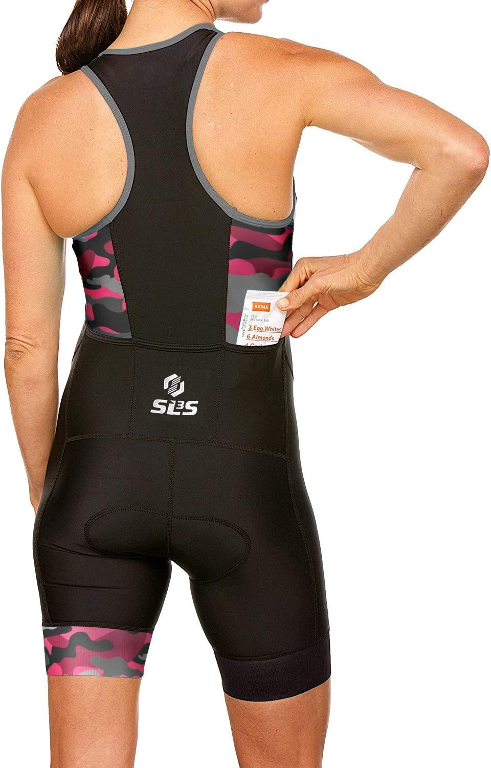 SLS3 SLS3 Triathlon Suits Women - One Piece Tri Suit Women with Comfortable and Durable FRT Fabric - No Shelf Bra (Black/Sangria Camo, X-Large)