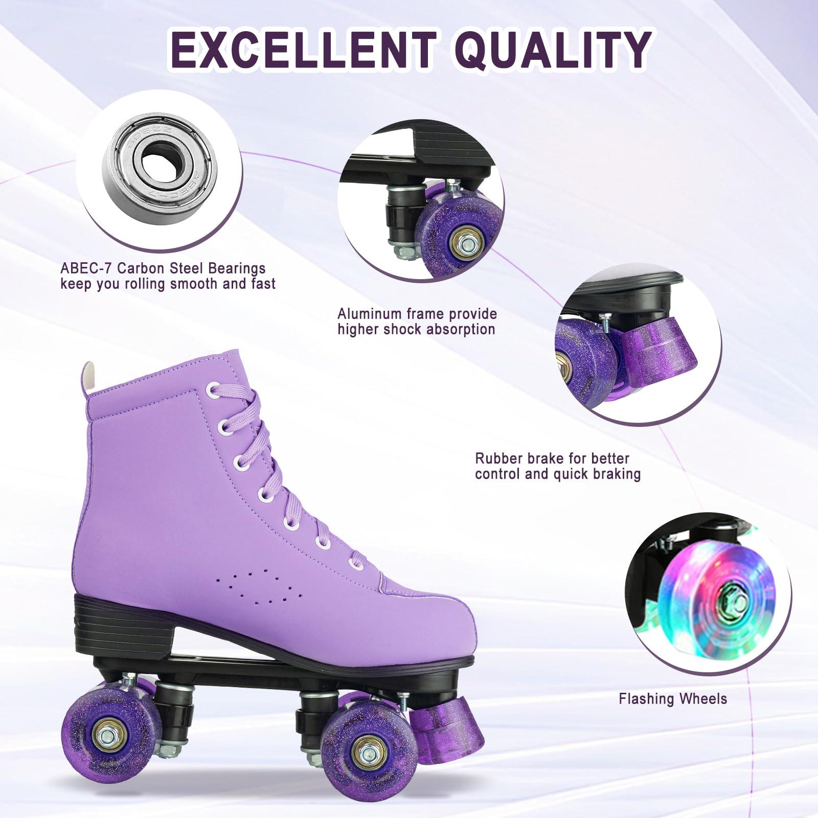 Gets Gets Roller Skates Women Outdoor High-top Adult Roller Derby Skates Wheels Light Up Roller Skates Double Row Quad Skates for Men Girls Unisex (Purple Flashing Wheel,38)