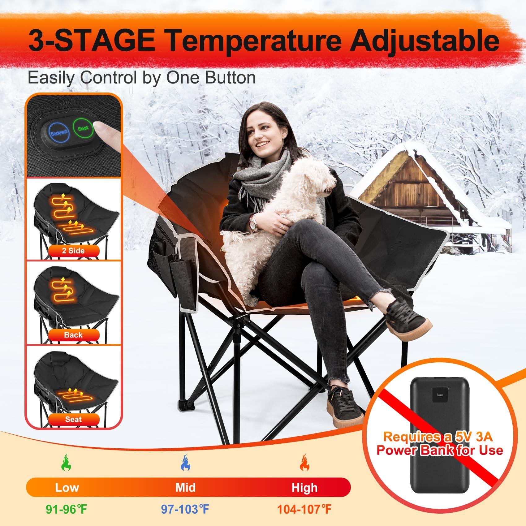 Slendor Slendor Heated Camping Chair, Oversized Heated Chairs Outdoor Sports, 3-Levels Adjustable Heated Camp Chair for Fishing, Sports, Lawn with Pillow, Padded, Storage Bag, Supports 440lbs, Black