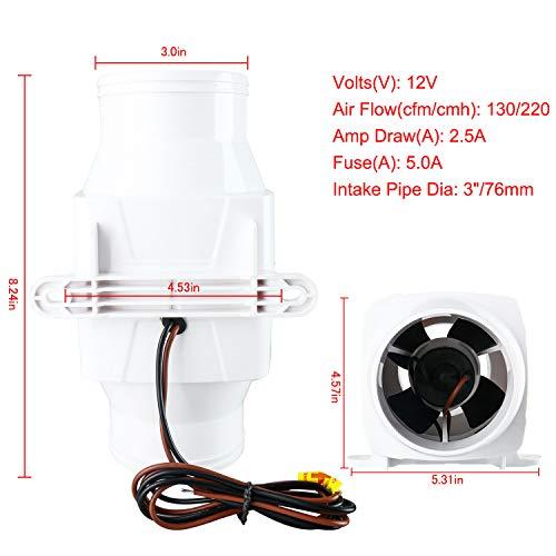 YaeMarine YaeMarine 3 Inch 12V in-Line Blower Electric in-Line Marine Bilge Air Blower 130 CFM White for Boat Marine