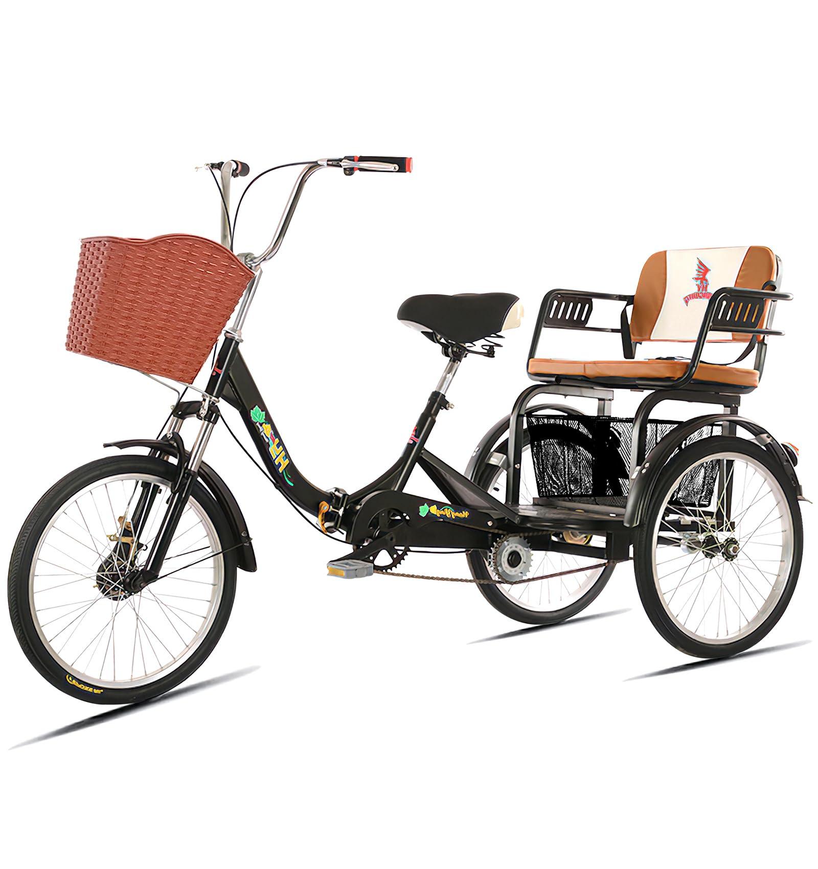 VHCLYBJU VHCLYBJU Adult Tricycle Folding 3 Wheel Bike for Women 20 inch Adult Tricycle with Child seat Trike Large Vegetable Basket Adult Tricycle Bicycle Shock-Absorbing Fork 3 Rounds for Seniors (Black)