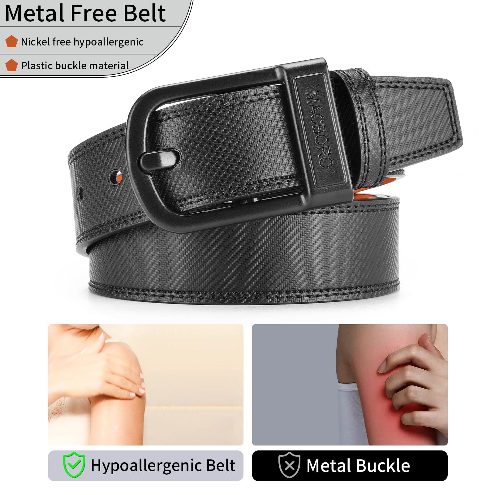 MACBORO MACBORO Non Metal Tsa Approved Belt Nickel Free Hypoallergenic Belts for Men Plastic Buckle Travel Black Leather Belt 1.38"