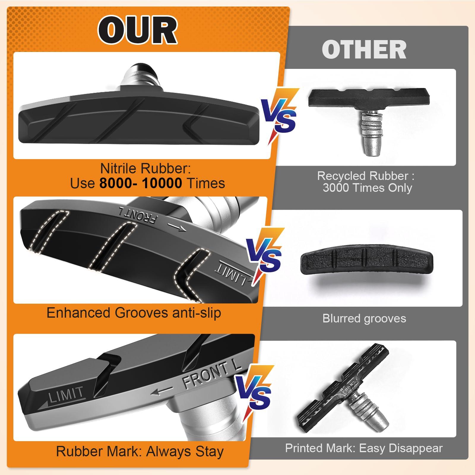 Alritz Alritz Bike Brake Pads Set, 4 Pairs Road Mountain Bicycle V-Brake Blocks Shoes with Hex Nut and Shims, No Noise No Skid, 70mm (Black)