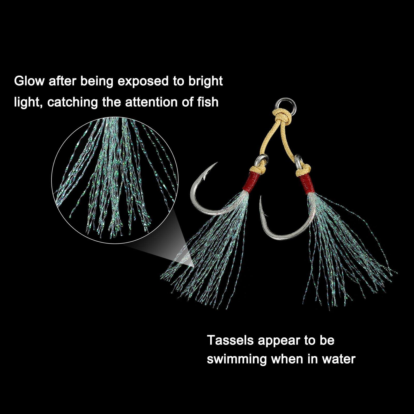 PATIKIL PATIKIL Fishing Assist Hooks Kit, 6 Pack Double Assist Jigging Hook with Glow Tassel for Slow Pitch Jigs Vertical Jigging Lures, Green (3/0#, 3.2\"x0.6\")