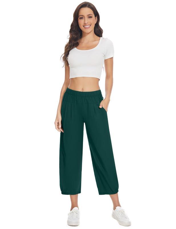 WROLEM Women\'s Capri Yoga Pants Loose Soft Workout Causal Lounge Pants Pockets Dark-Green Small