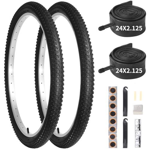 yeesport 24 Inch Mountain Bike Tires, 2PCS 24x2.125 Bike Tires and 2PCS 24 x 2.125 Bicycle Tube with Bike Tire Levers, Replaceable 24 Inch Bike Tire MTB Rubber BMX Tires for City Roads, Muddy Trails