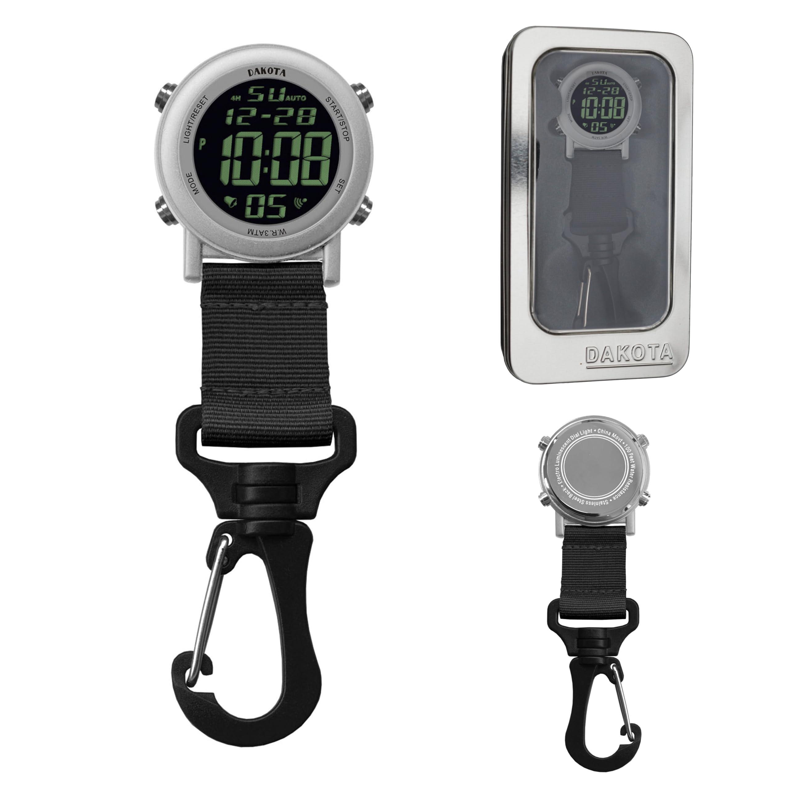 Dakota Dakota Digital Clip, Alarm, StopWatch, Timer and Dual Time Watch, Fob Watch, Outdoor Gifts for Men and Women, Tactical Digital Watch, Clip on Watch
