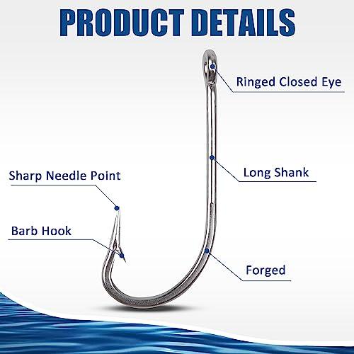 OROOTL Stainless Steel Saltwater Fishing Hooks - 50pcs 34007 O\'shaughnessy Hooks Forged Long Shank J Fishing Hooks Extra Strong Metal Fish Hooks Size 1/0-10/0