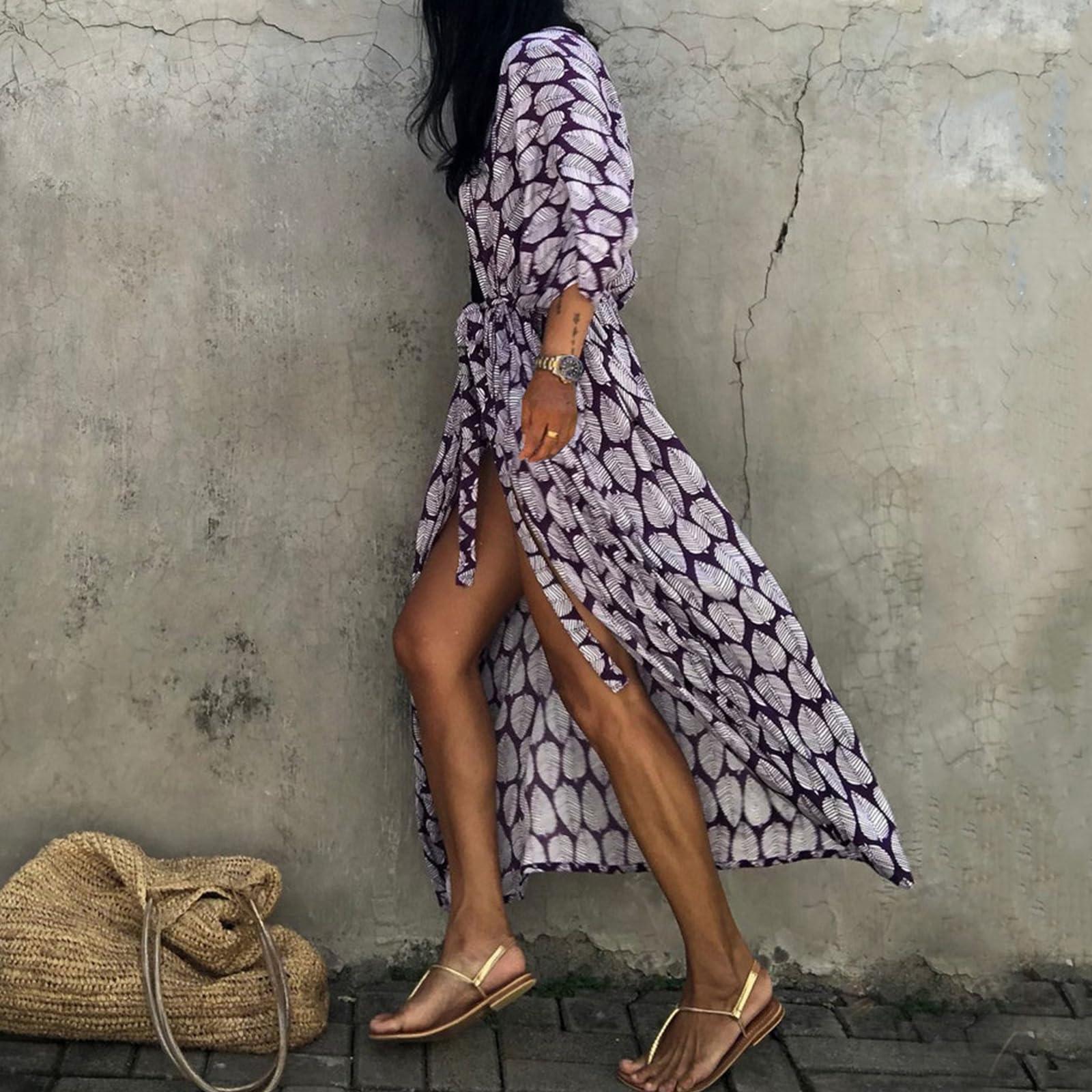 ZHENZQ ZHENZQ Women Swimsuit Printed Cover With Sleeve Long Gown Beach Dress Robe Beachwear Shawl Long Cover-ups Vacation