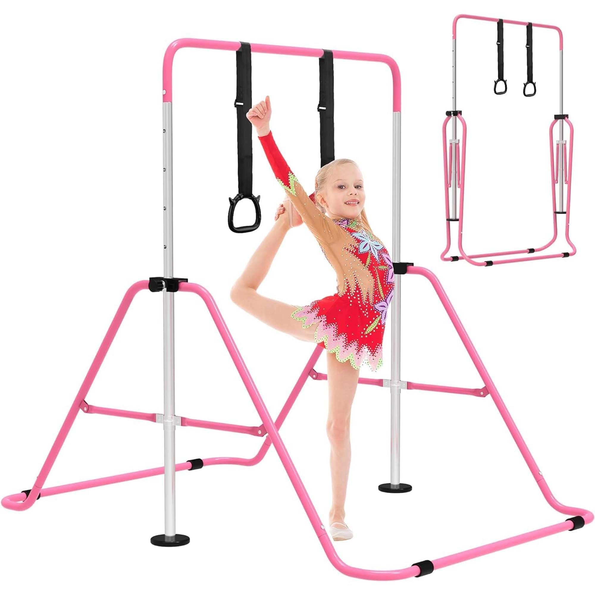 EVERYMILE EVERYMILE Gymnastics Bars for Home, Adjustable Height Folding Horizontal Bars, Junior Training Kip Bar Expandable Gym Equipment, Monkey Bar with Gymnastics Rings for Kids Gifts
