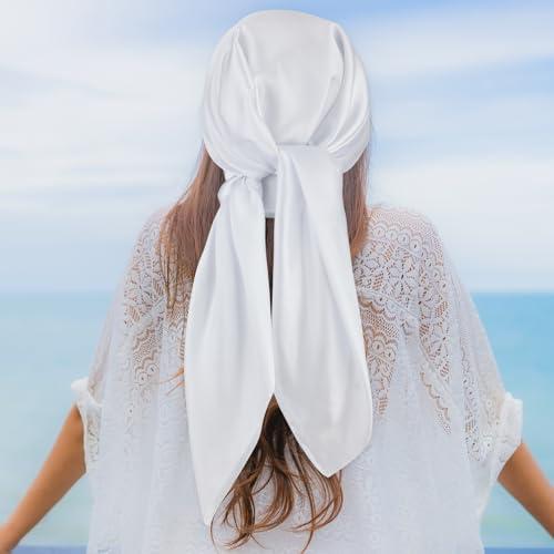 Andibro Andibro 35" Large Square Satin Head Scarf, Silk Shiny Solid Color Head Scarves Sleeping Head Wraps for Women Hair Bandana (White)