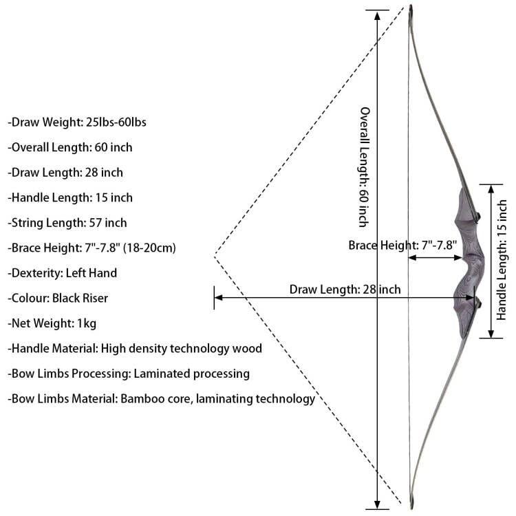 OBTOUTDOOR OBTOUTDOOR Archery Longbow 60 inch 25lbs-60lbs Left Hand Traditional Hunting Takedown Bows for Target Shooting Practice (25LBS)
