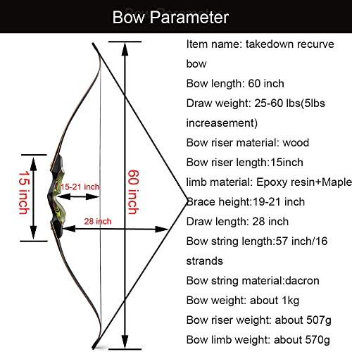 AMEYXGS 60 Inch Takedown Recurve Bow 25-60 Lbs American Hunting Bow Wood Riser Right Hand Longbow for Adult Beginner Hunting Target Practice (25 Lbs, Wine red)
