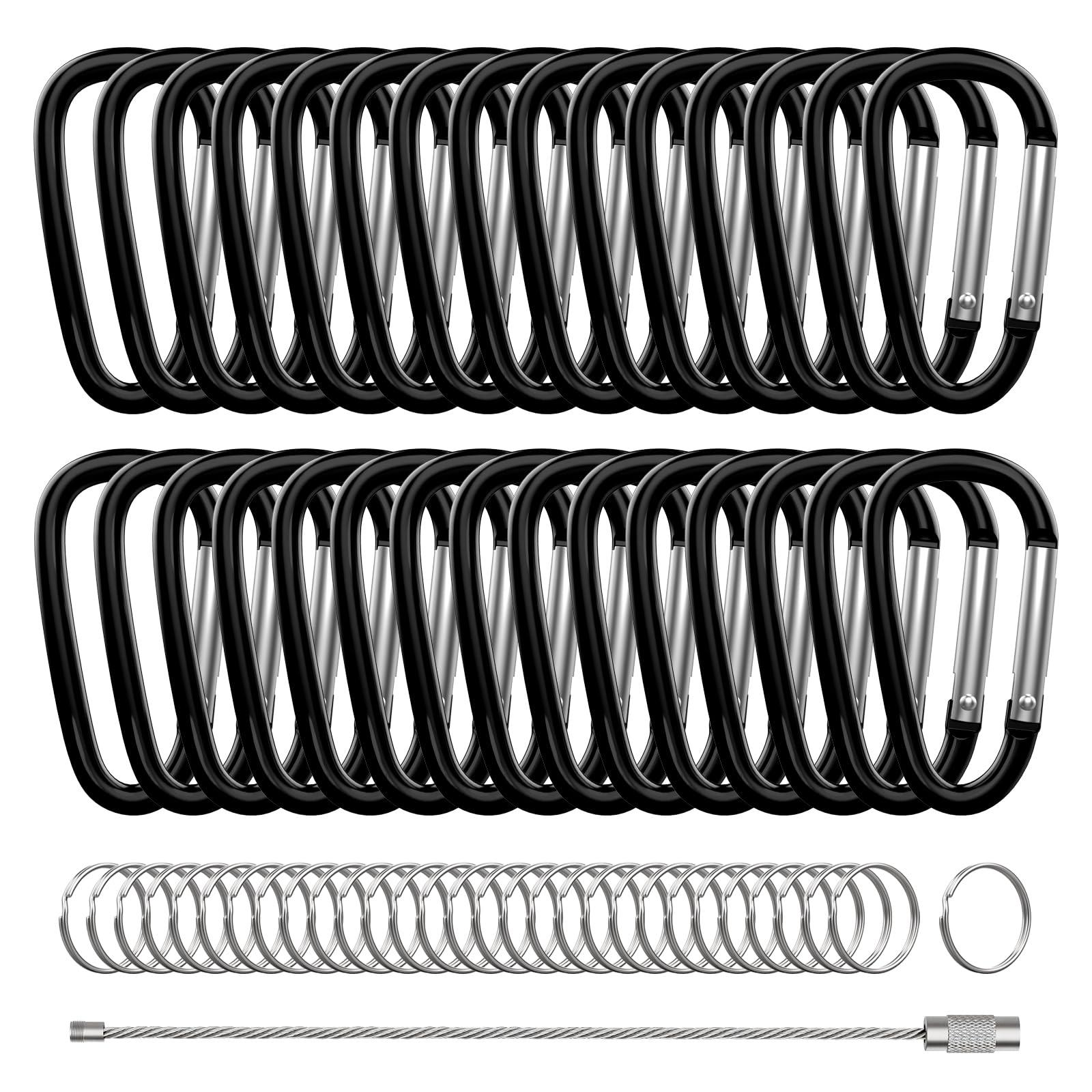 XIECHANEE XIECHANEE 30PCS Aluminum Carabiner Clips, 2\" D Shape Spring Snap Hooks Carabiner with 30PCS Keyring Keychain Hook, Black