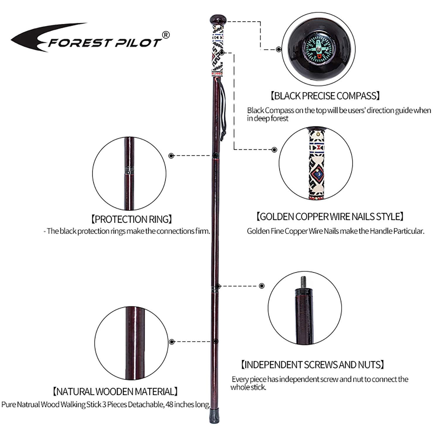FOREST PILOT FOREST PILOT 3 Pieces Detachable Hardwood Walking Stick Flat Wooden Ball Head with a Compass (Dark Rose Color, 48 Inches, 1 Piece)