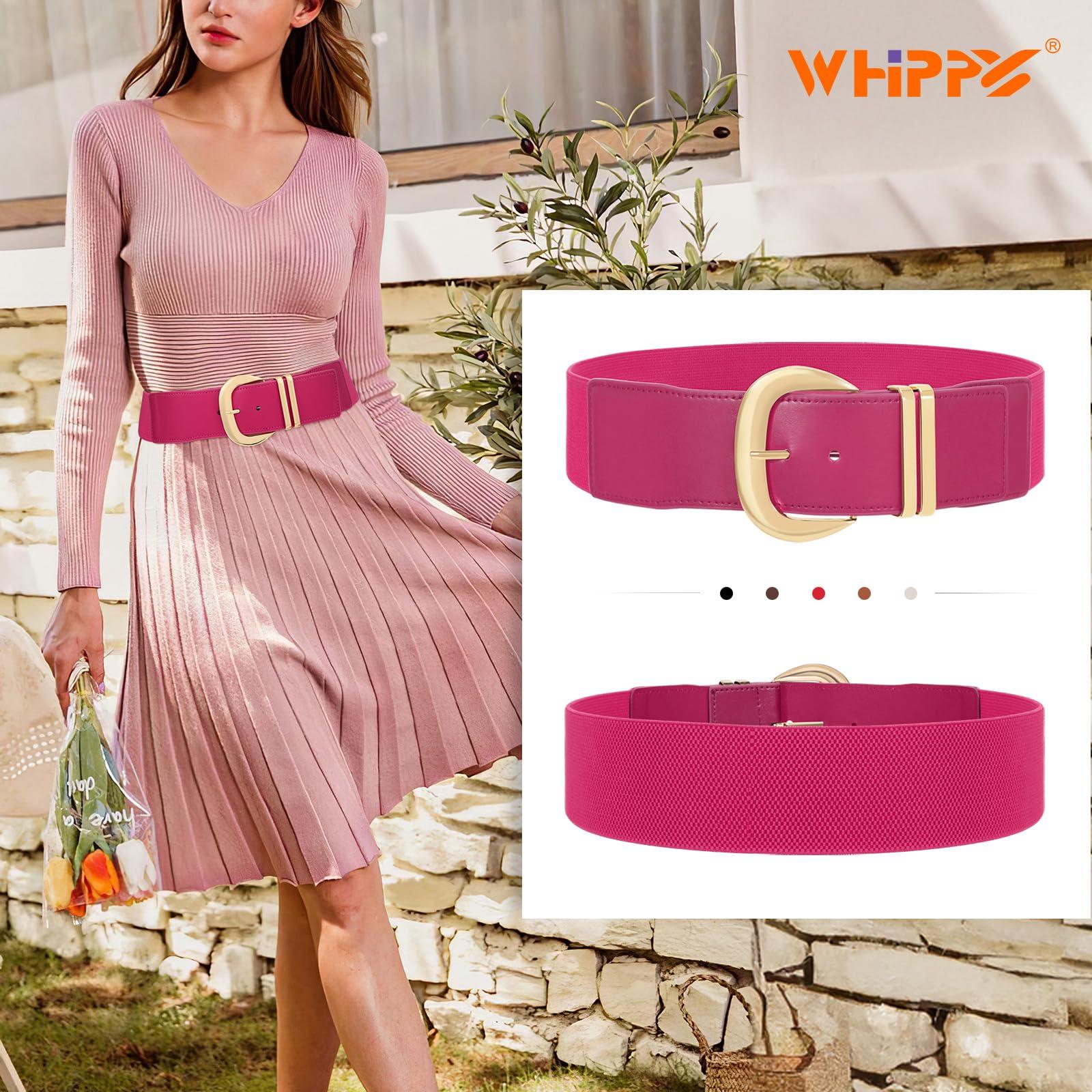 WHIPPY WHIPPY Women Wide Elastic Waist Belt for Dresses Fashion Gold Buckle Stretchy Leather Waistband for Ladies, Rose Red, Fits Waist 38"-45"