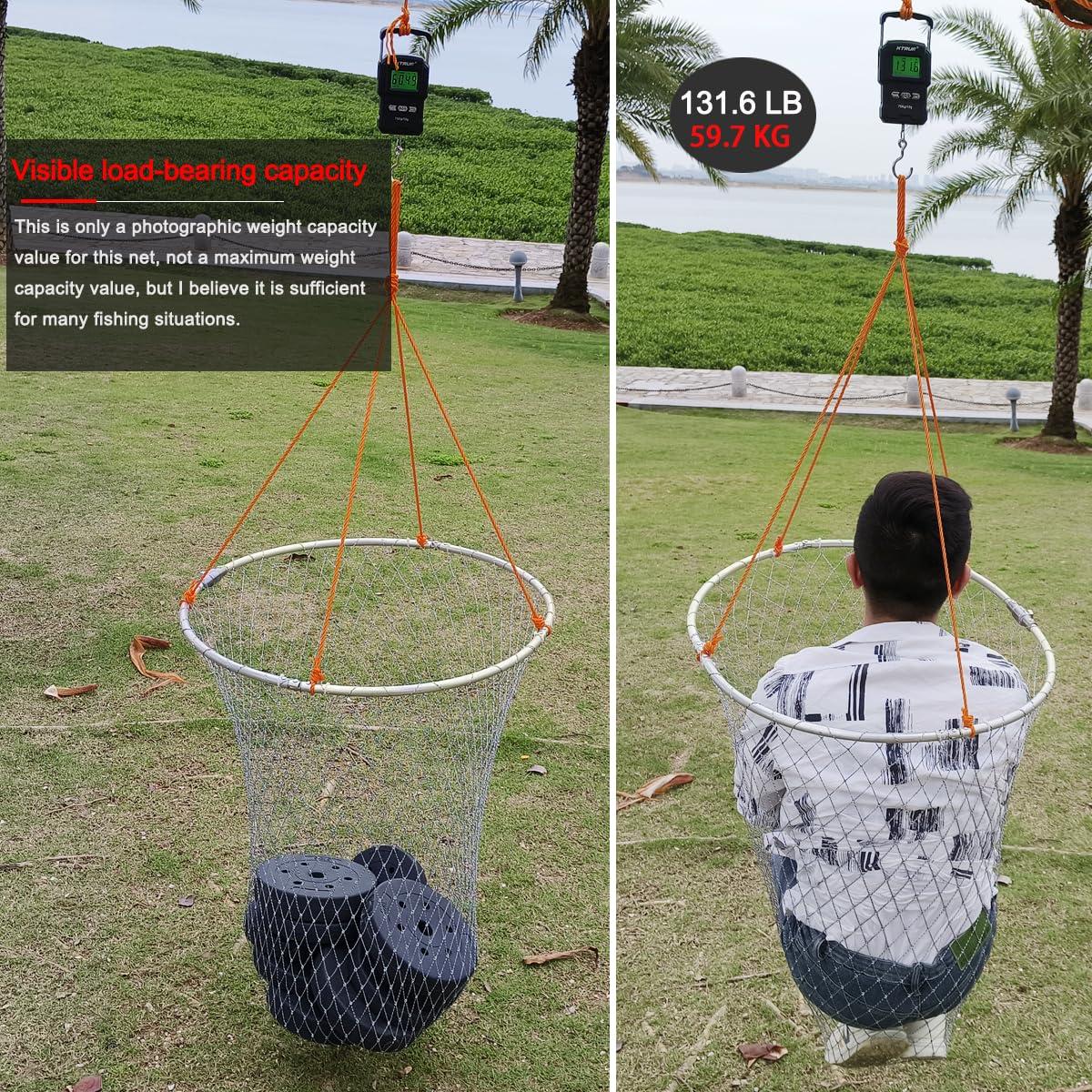 Drasry Drasry Foldable Bridge and Pier Fishing Net Landing Net High Load-Bearing Aluminum Ring Drop Net for Saltwater Freshwater Pier Fishing Baskets Collapsible with 49.2 FT Rope 31.5 * 31.5 * 41 in