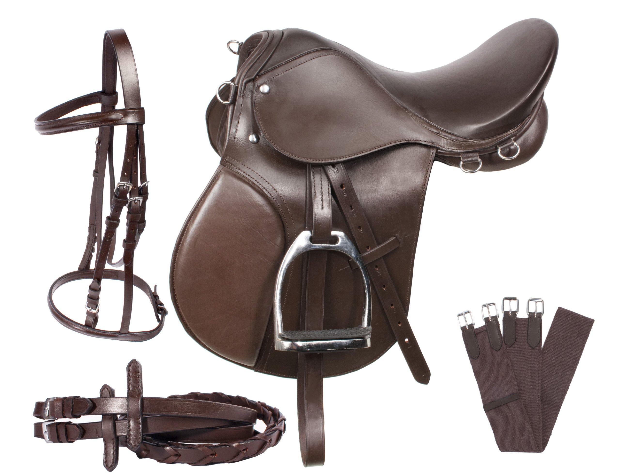 SHOWMEN CRAFT SHOWMEN CRAFT Brown Leather Beginner English Horse Saddle TACK Set Bridle REINS Girth Stirrups Irons