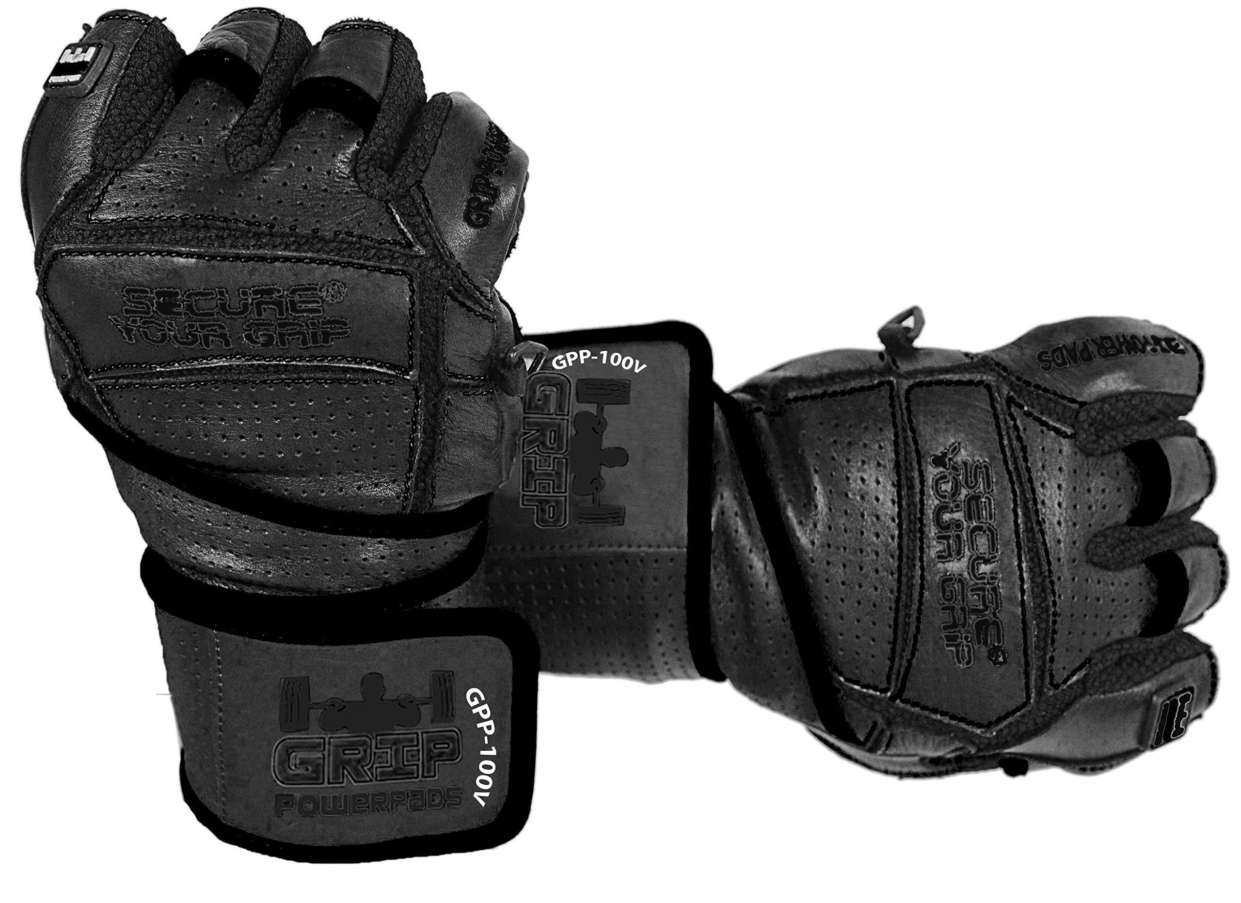 Grip Power Pads Elite Leather Gym Gloves with Built in 2" Wide Wrist Wraps Best Leather Glove Design for Weight Power Lifting Bodybuilding & Strength Training Workout Exercises (Black, Large)