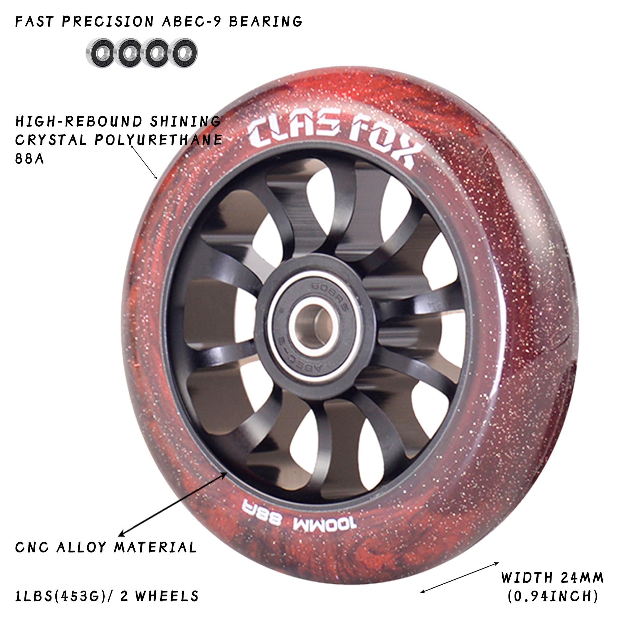 CLAS FOX CLAS FOX Pro Scooter Wheels 100mm Transparent Sparkle PU with ABEC-9 Bearings CNC Metal Core (2pcs) (Brown)