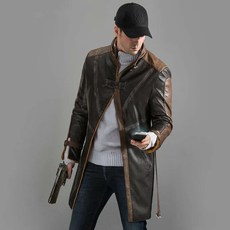 Epic Outfit Watch Dogs Aiden Pearce Cosplay Coat - Men's Brown Real/Faux Leather Long Trench Overcoat (Real Leather, S)