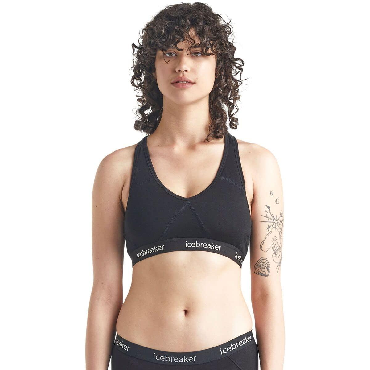 Icebreaker Merino Icebreaker Merino Sprite Racerback Sports Bra for Women, Merino Wool - Soft Workout Wireless Bra for Women with Low to Medium Support - Premium Womens Clothing - Black/Black, Large