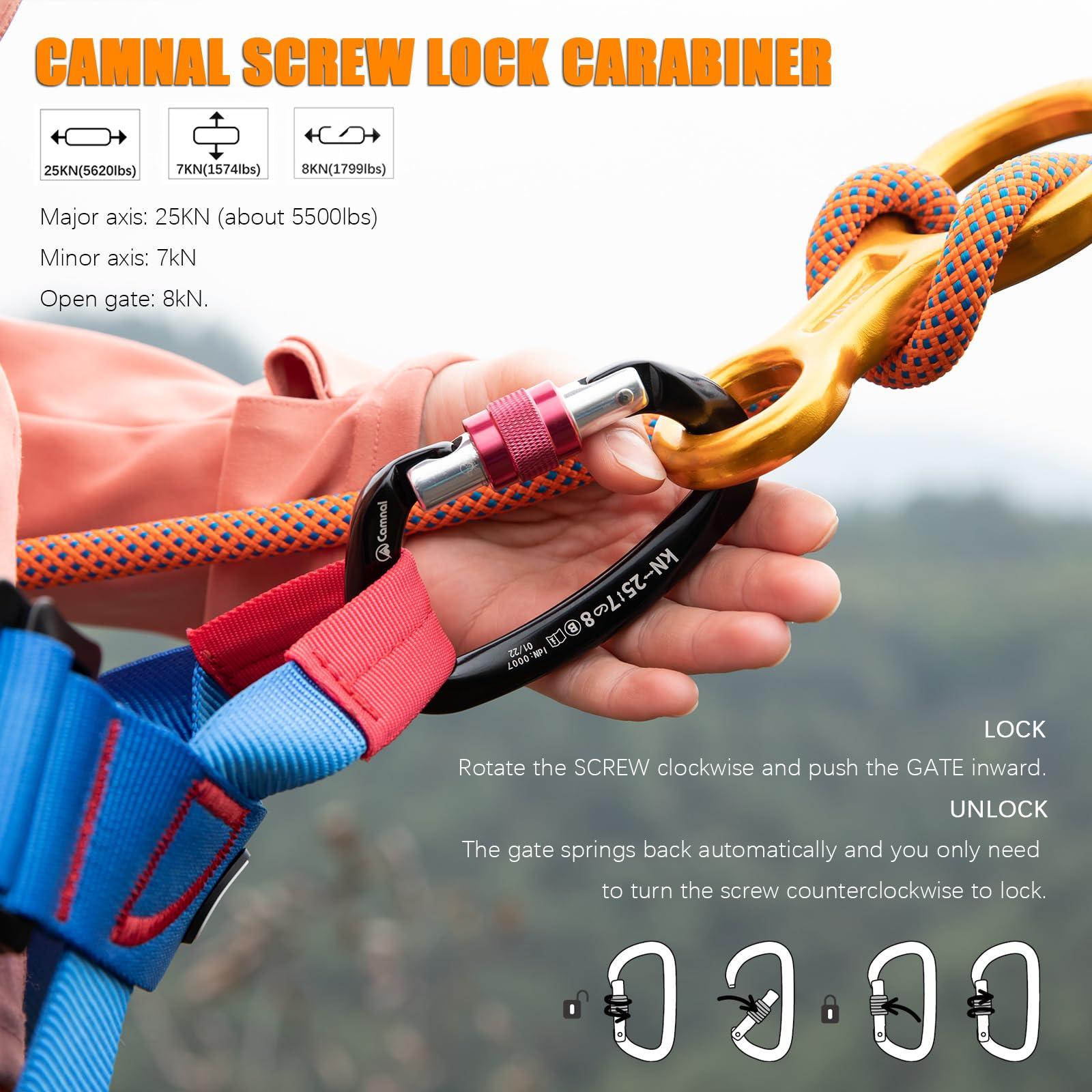 CAMNAL CAMNAL Heavy Duty Carabiner UIAA Certified Locking Carabiner 25KN (About 5620 lbs) Screw Lock Carabiner D Shape Carabiner Clip for Rock Climbing, Mountaineer, Aerial Work