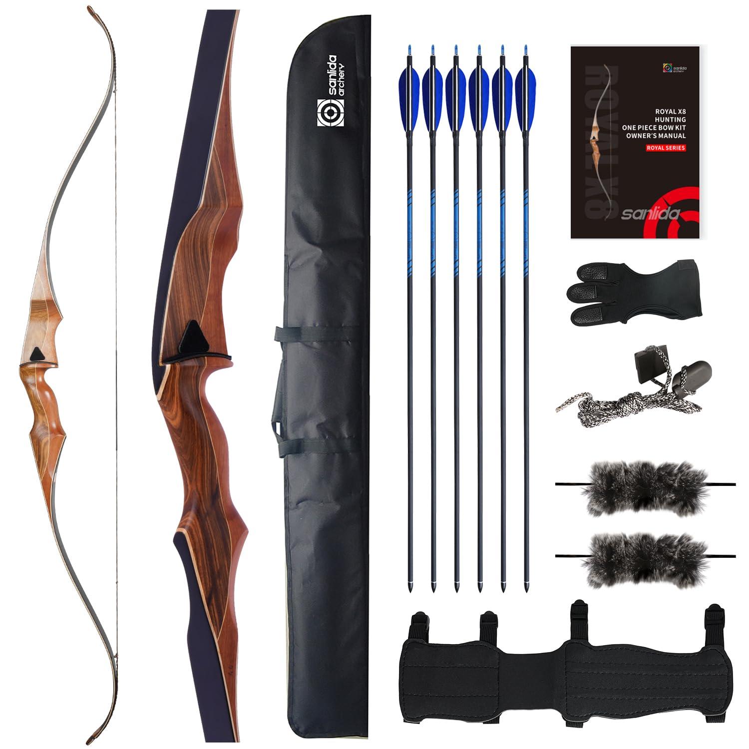 sanlida Sanlida Archery 60 Royal X8 One-Piece Bow Traditional Wooden Hunting Bow Handmade Hunting Bow and Arrows Kit for Adults & Traditional Archers, RH Only (55lbs, Right Hand)