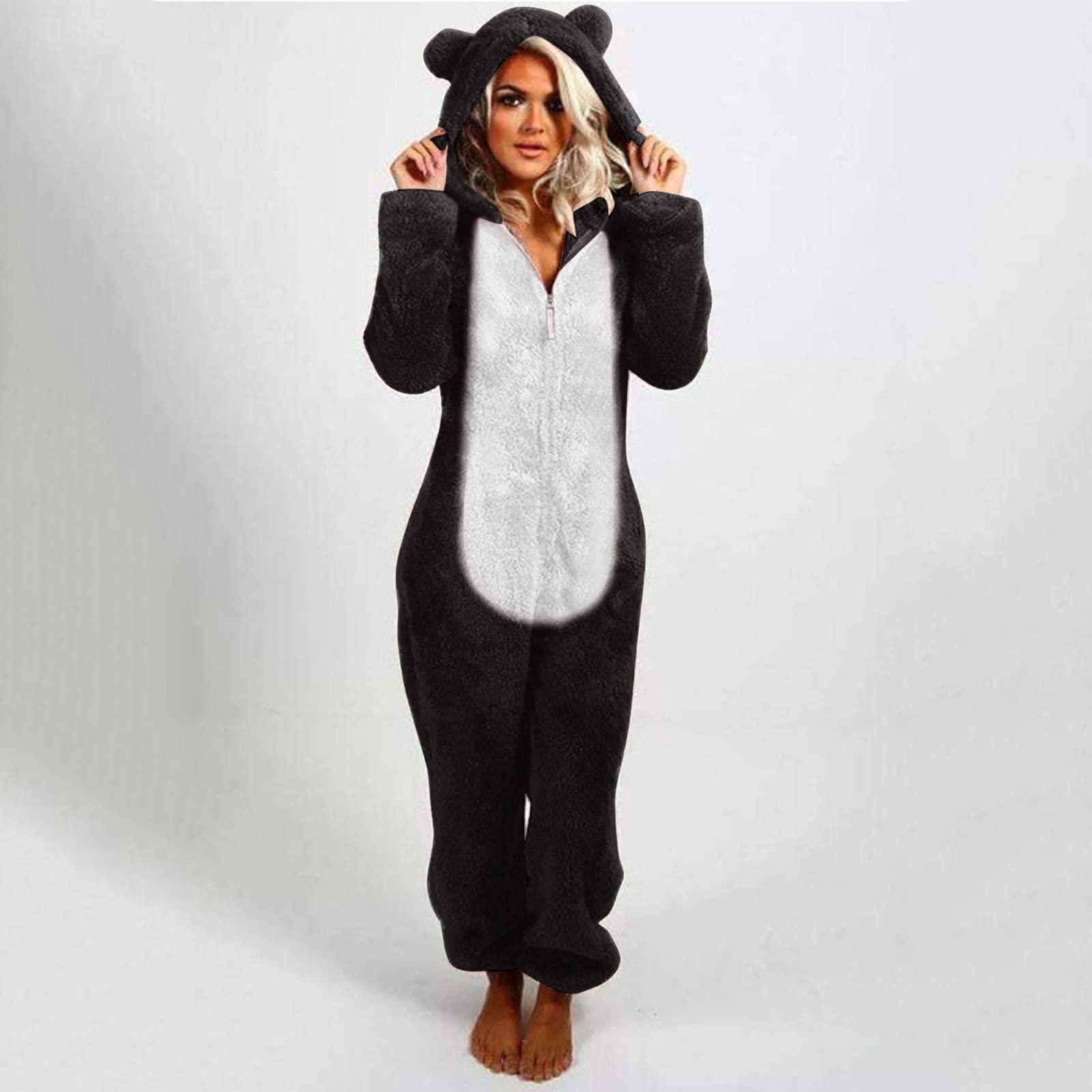 Auwer Onesie Adult Pajamas Women Cute Animal Warm Sherpa One Piece Sleepwear Womens Hooded Jumpsuit Loungewear Black