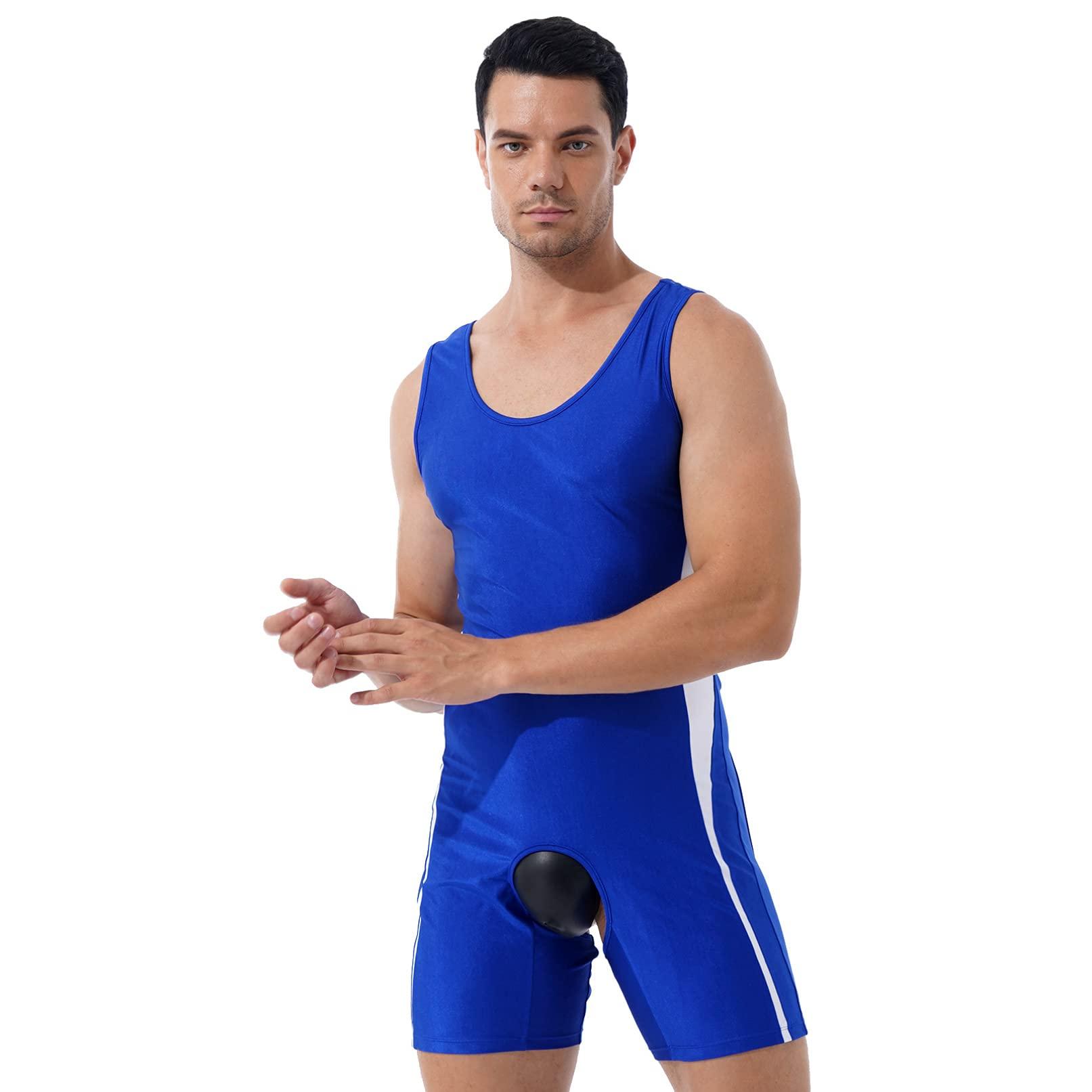 Linjinx Linjinx Men\'s Spandex Slim Fit Open Crotchless Wrestling Singlets Leotard Underwear Jumpsuits Blue Large