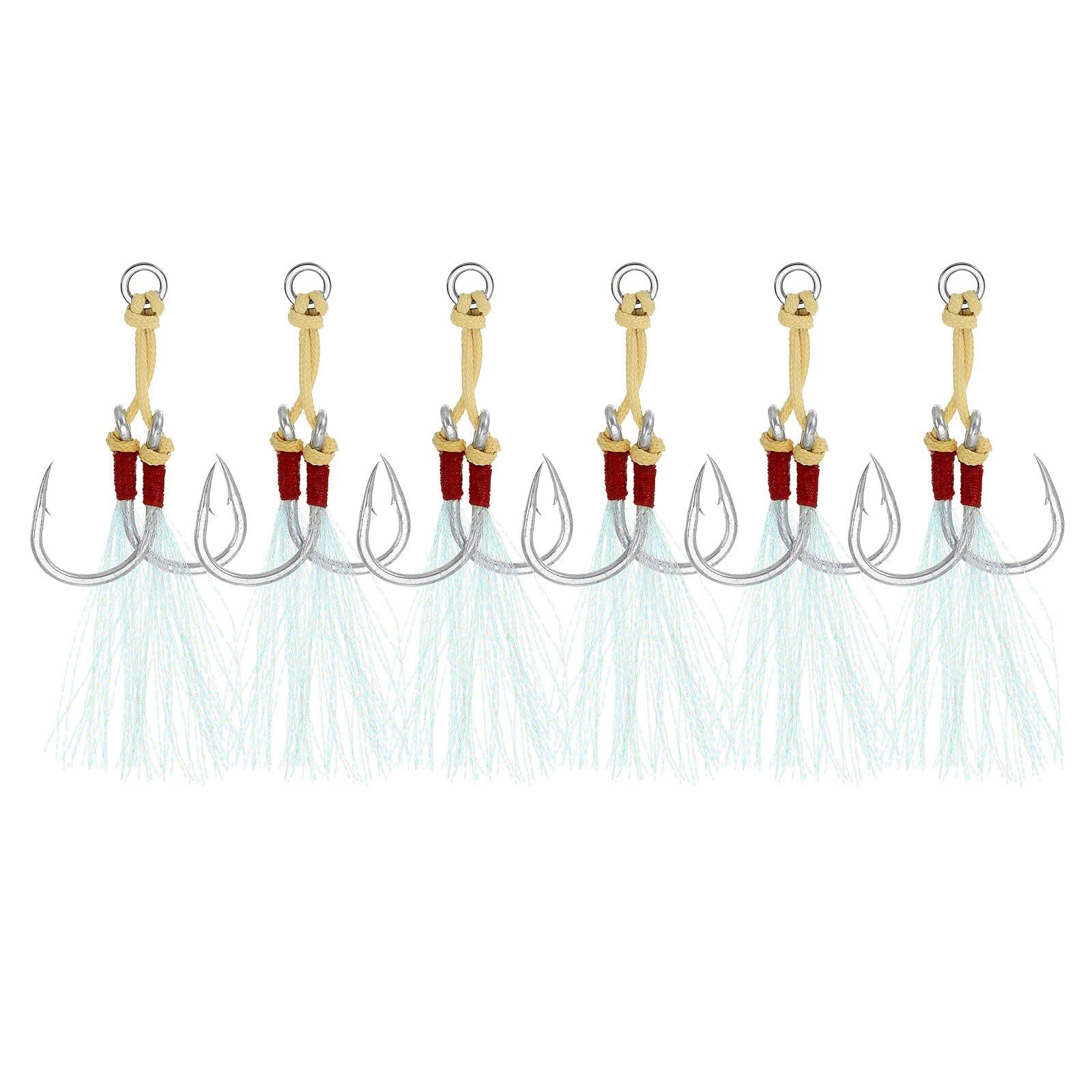 PATIKIL PATIKIL Fishing Assist Hooks Kit, 6 Pack Double Assist Jigging Hook with Glow Tassel for Slow Pitch Jigs Vertical Jigging Lures, Green (3/0#, 3.2\"x0.6\")