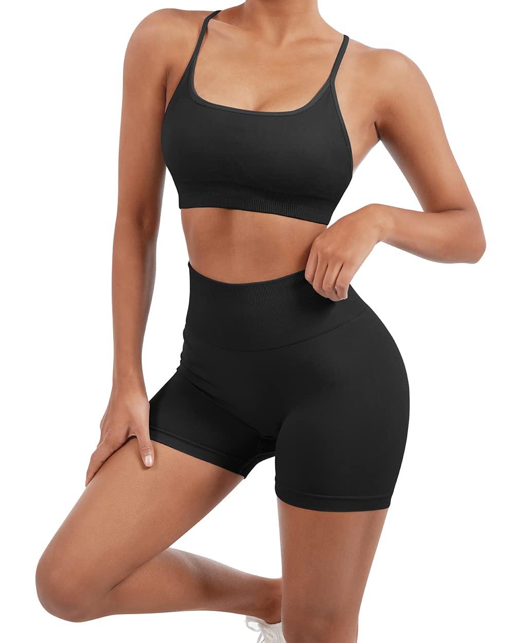 SUUKSESS SUUKSESS Women Seamless 2 piece Workout Sets Strappy Padded Sports Bra Booty High Waisted Shorts Outfits (Black,L)