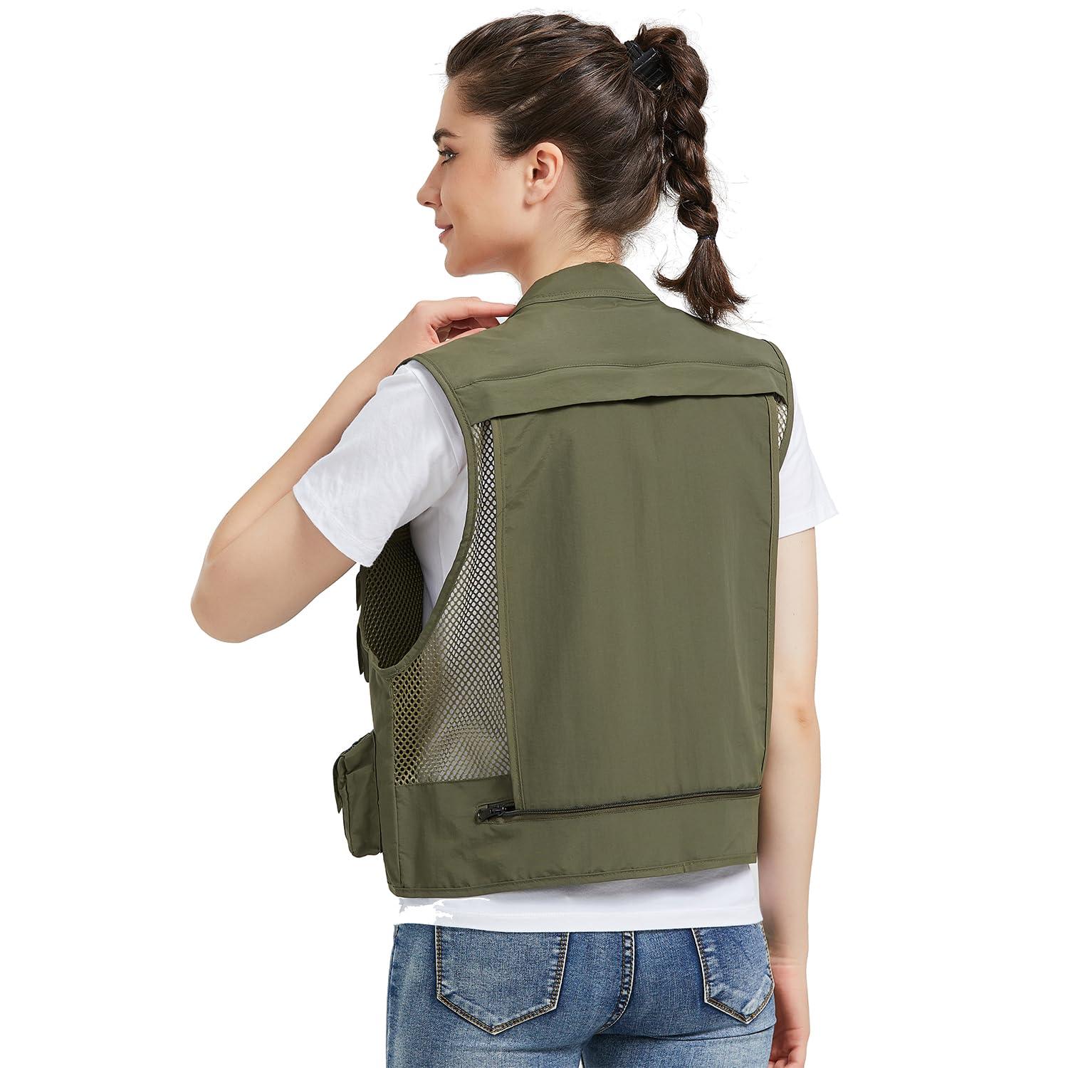 Ziker Ziker Women's Mesh Breathable Openwork Jouralist Photographer Fishing Vest Waistcoat Travel Jacket Coat With Pockets (as1, alpha, l, regular, regular, New Army Green)