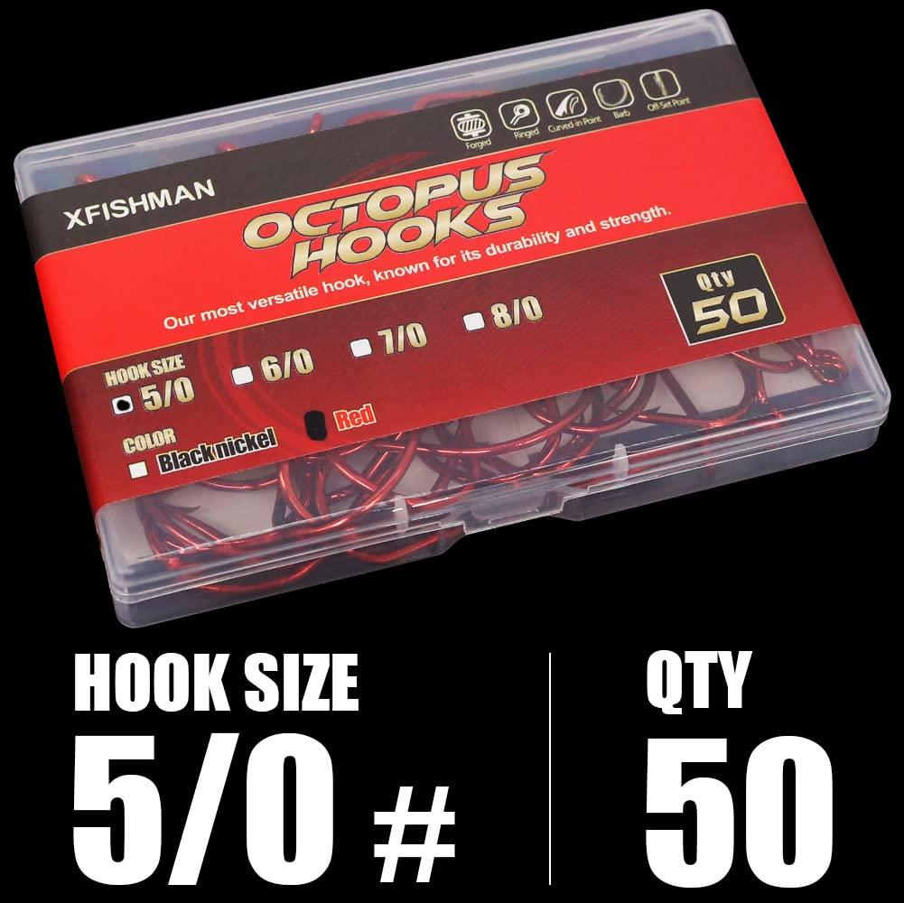XFISHMAN Octopus-Hook-Fishing-Beak-Circle-Hooks-Freshwater-Red-Black-100-50 Pack (1-Red, 5/0 50-Pack)