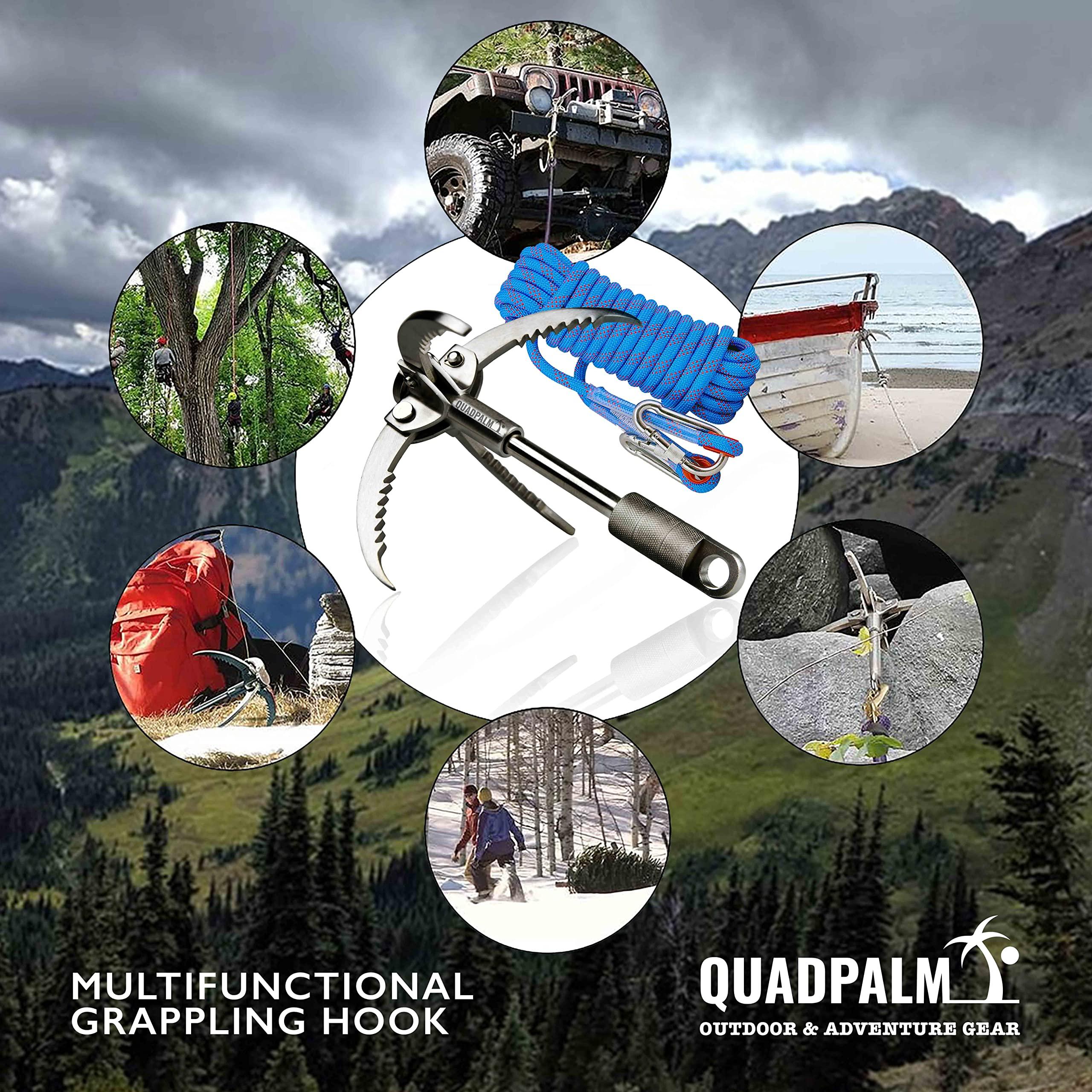 QUADPALM QUADPALM Grappling Hook and Blue Rope 10M (32ft) - Multifunctional Heavy Duty Survival Hook - 2 Locking Carabiner - 4 Stainless Steel Folding Claws - Survival Gear - Outdoors Camping Hiking Gear
