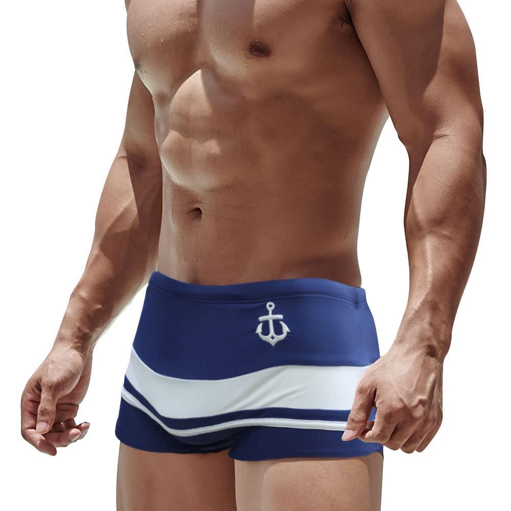 UXH UXH Sexy Swimming Trunks Men's Boxer Swim Shorts Strips Surfing Bathing (Navy Blue,X-Small)