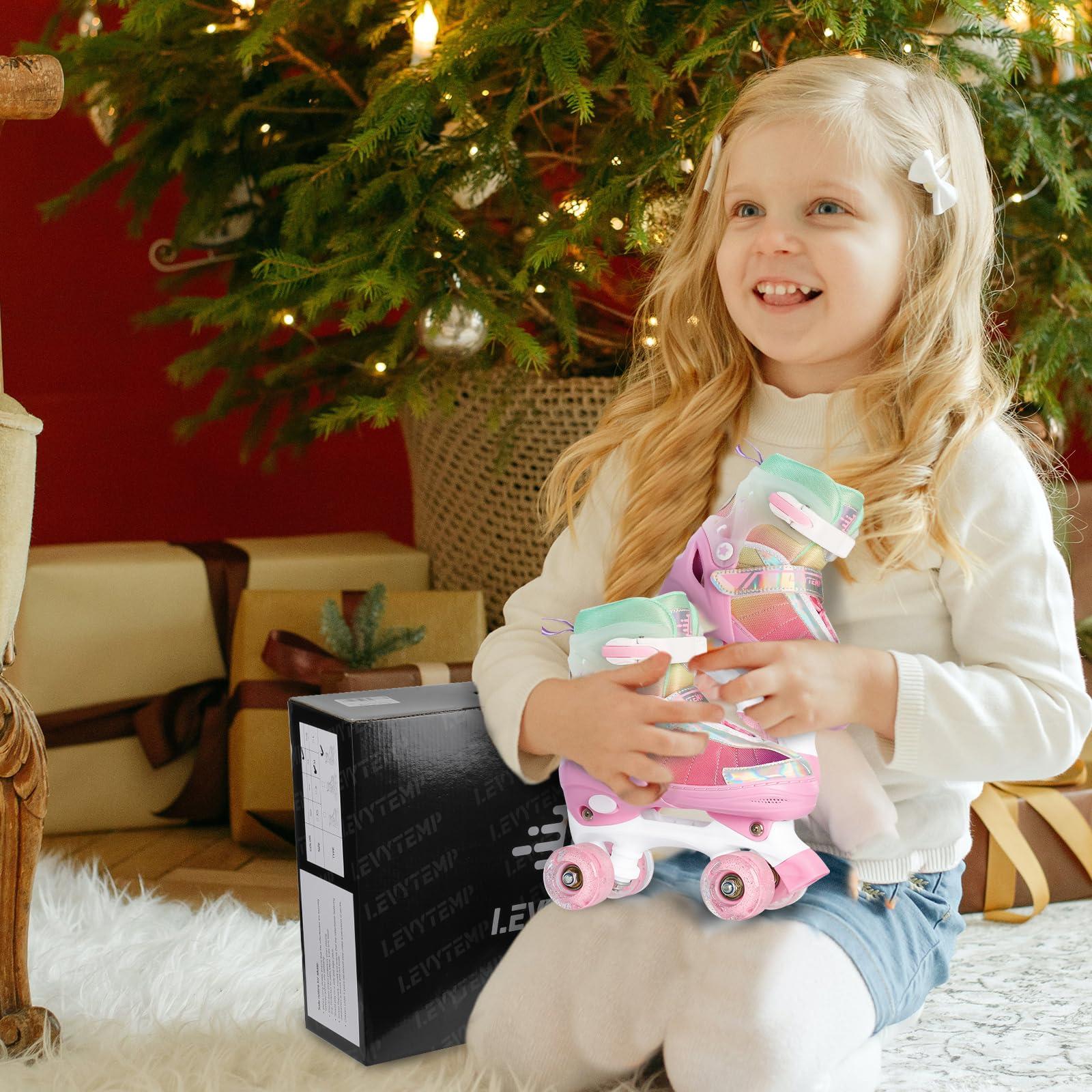 LEVYTEMP LEVYTEMP Rainbow Roller Skates for Girls Kids, Gradient Pink 4 Size Adjustable Quad Skates Size Medium Ages 6-12 with All Light Up Wheels for Kids Youth Outdoor Indoor