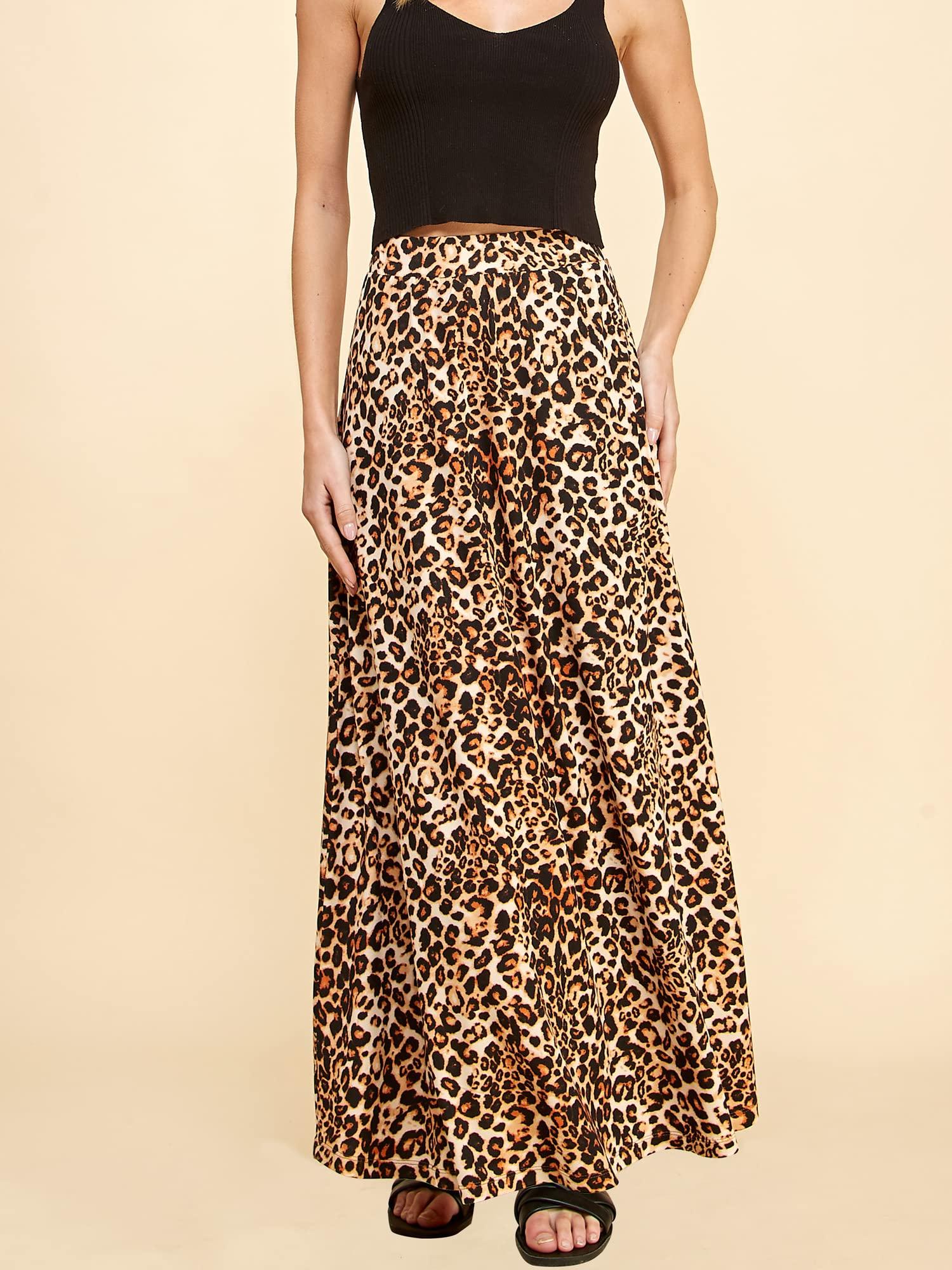 Lock and Love LL WDR1434 Womens Leopard Print Maxi Skirt with Elastic Waist Band XL Leopard