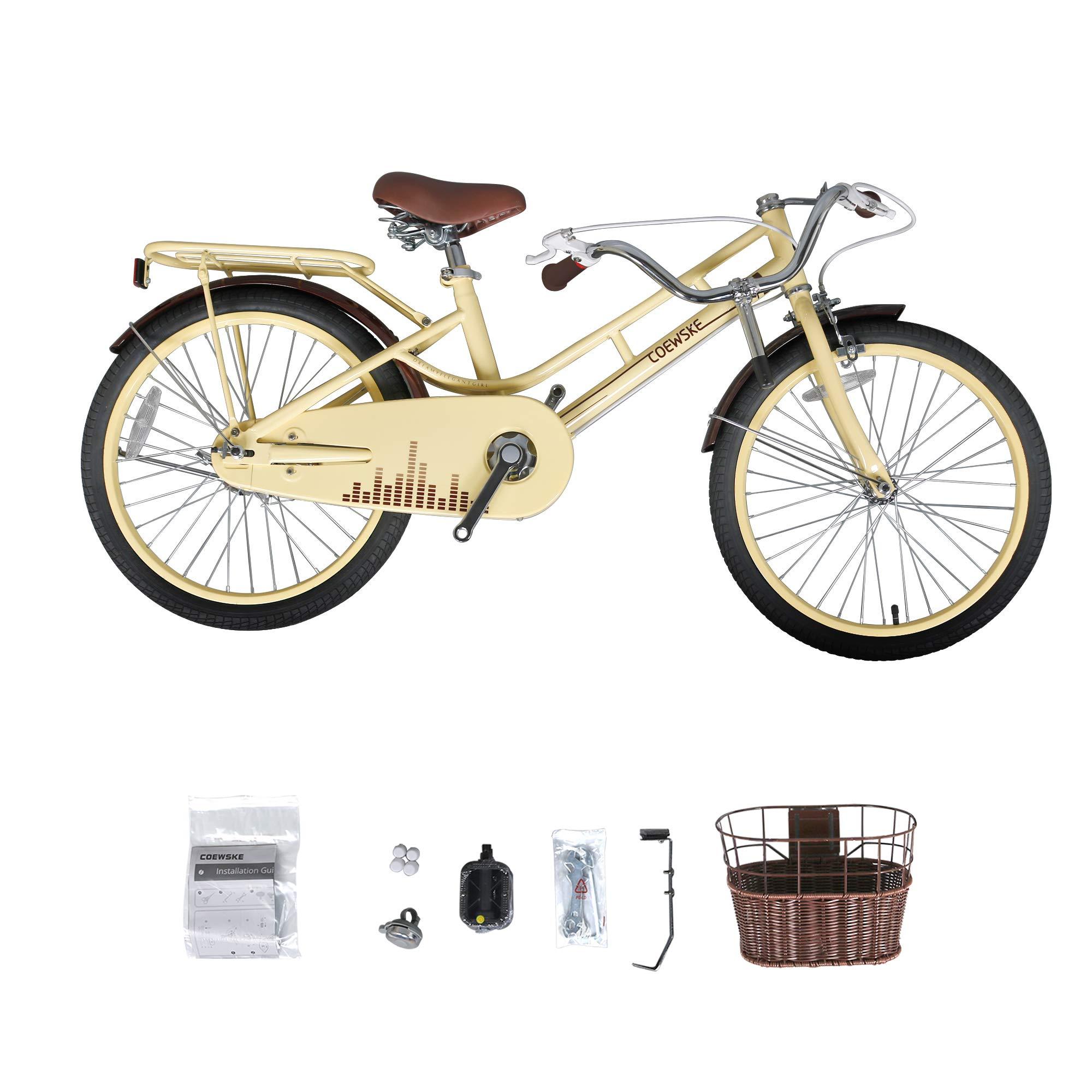 COEWSKE COEWSKE 20 Inch Kids Bike Bicycles Fantasy-Style, Children Toddler Girls Leisure Bicycle with Basket Kickstand Included Fit for 6-10 Years Old Or 49-57 Inch Kids (Yellow)