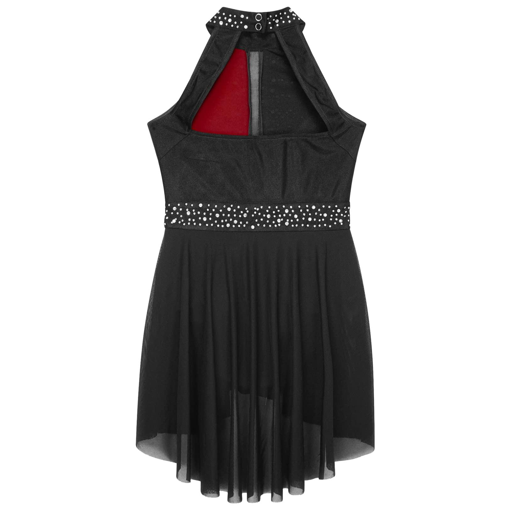 JEATHA JEATHA Kids Girls Rhinestone Sleeveless Mock Neck Figure Skating Dress Gymnastic Ballet Dance Skirt Leotard Black&Burgundy 8