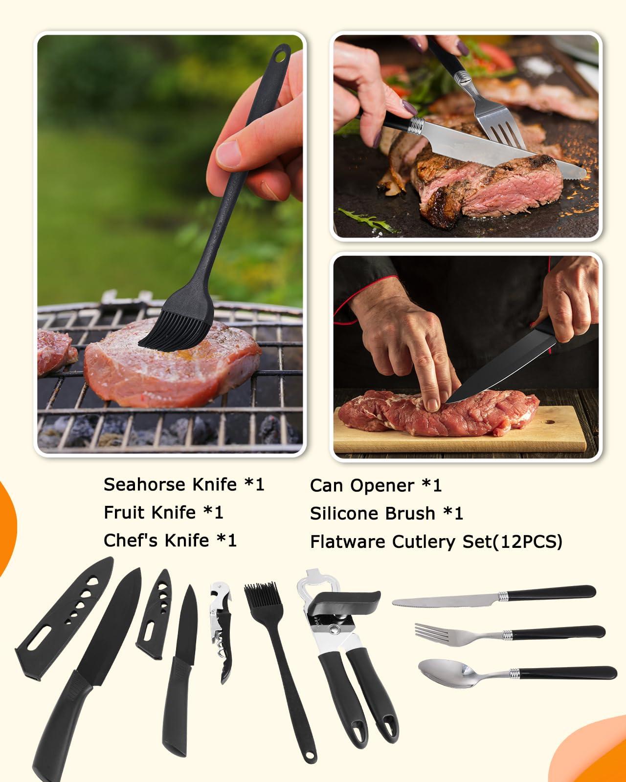 Hozzen Hozzen 45-Pcs Camping Cooking Utensil Set - Car Camping Essentials Gear for Cooking and Grilling, Portable Camp Kitchen Set, Ideal Gift for RV Tent Camper, Picnics, BBQs, Parties