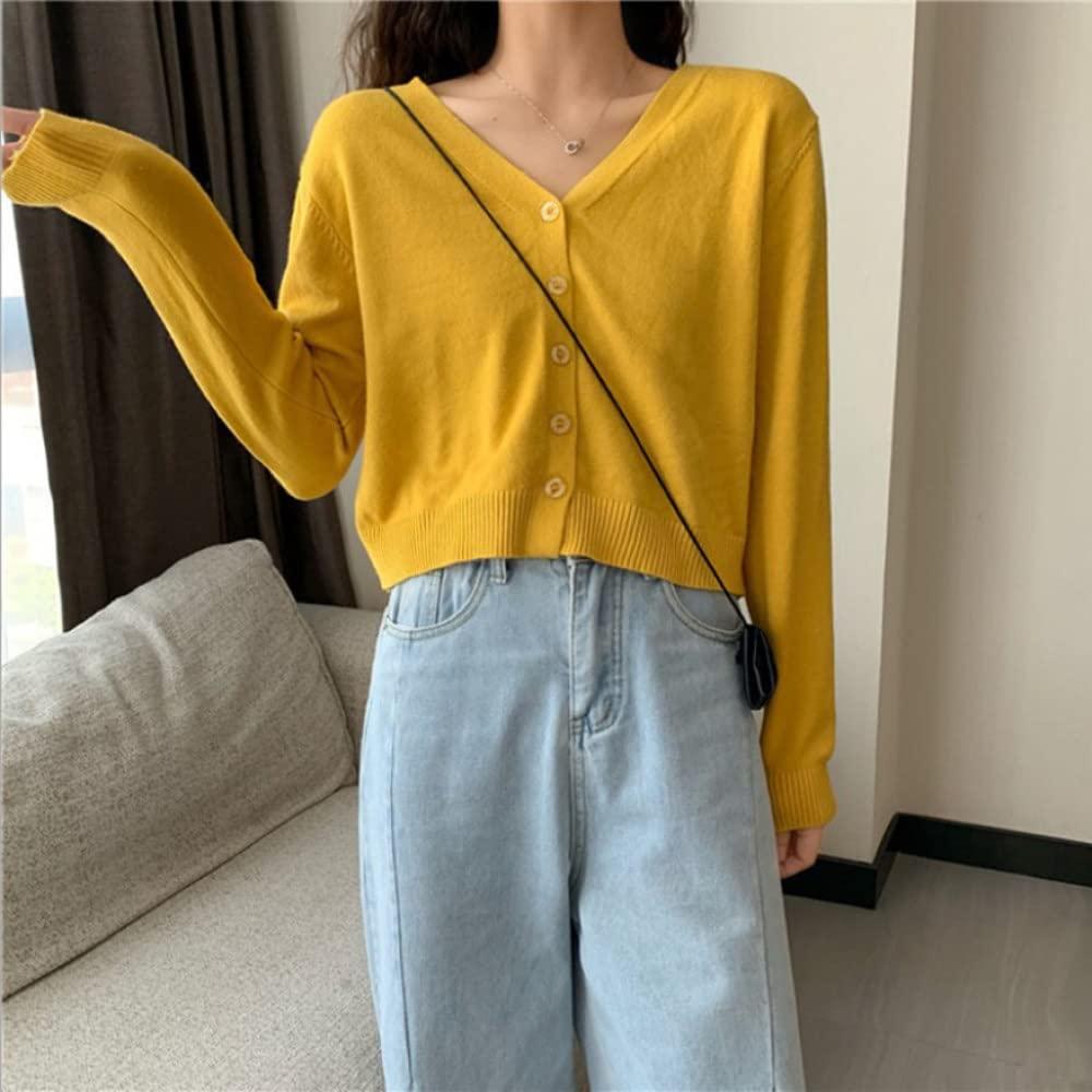 MIYAA MIYAA Womens Knit Cropped Cardigan Sweater Solid Color Knit Outwear Long Sleeve V-Neck Open Front Button Down Cardigan Lady L
